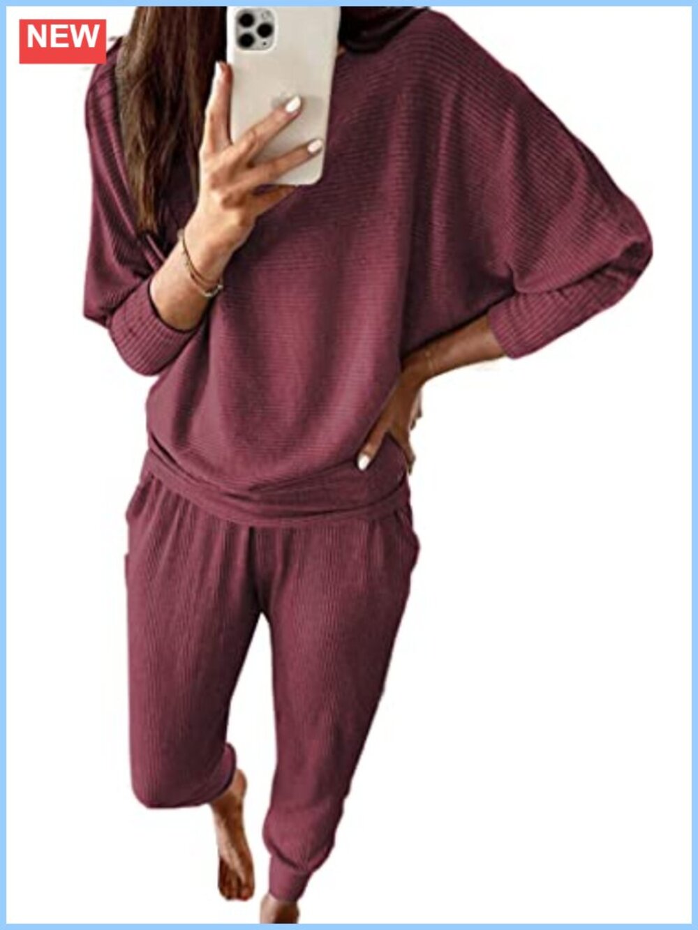 Ribbed Knit 2 Piece Lounge Set Long Sleeve Top Jogger Pants Tracksuit